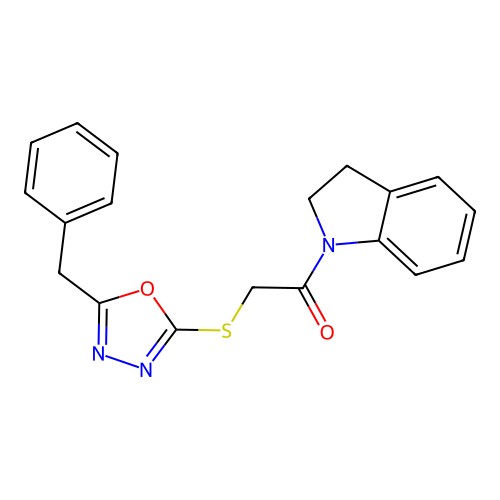 1-{[(5-Benzyl-1,3,4-oxadiazol-2-yl)thio]acetyl}indoline structure