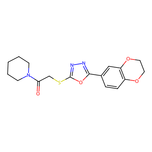 2-{[5-(2,3-dihydro-1,4-benzodioxin-6-yl)-1,3,4-oxadiazol-2-yl]sulfanyl}-1-(piperidin-1-yl)ethan-1-one structure