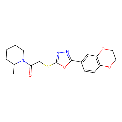 2-{[5-(2,3-dihydro-1,4-benzodioxin-6-yl)-1,3,4-oxadiazol-2-yl]sulfanyl}-1-(2-methylpiperidin-1-yl)ethan-1-one structure