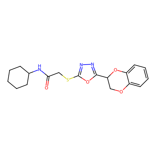 N-cyclohexyl-2-[[5-(2,3-dihydro-1,4-benzodioxin-3-yl)-1,3,4-oxadiazol-2-yl]sulfanyl]acetamide structure
