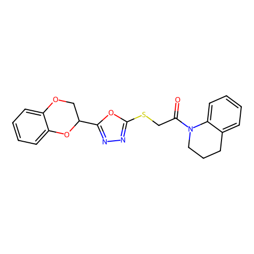 2-{[5-(2,3-dihydro-1,4-benzodioxin-2-yl)-1,3,4-oxadiazol-2-yl]sulfanyl}-1-(1,2,3,4-tetrahydroquinolin-1-yl)ethan-1-one structure
