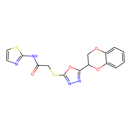2-((5-(2,3-dihydrobenzo[b][1,4]dioxin-2-yl)-1,3,4-oxadiazol-2-yl)thio)-N-(thiazol-2-yl)acetamide structure