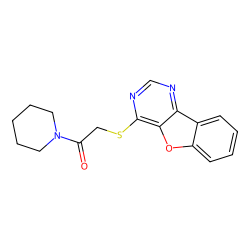 2-(Benzofuro[3,2-d]pyrimidin-4-ylthio)-1-(piperidin-1-yl)ethanone structure