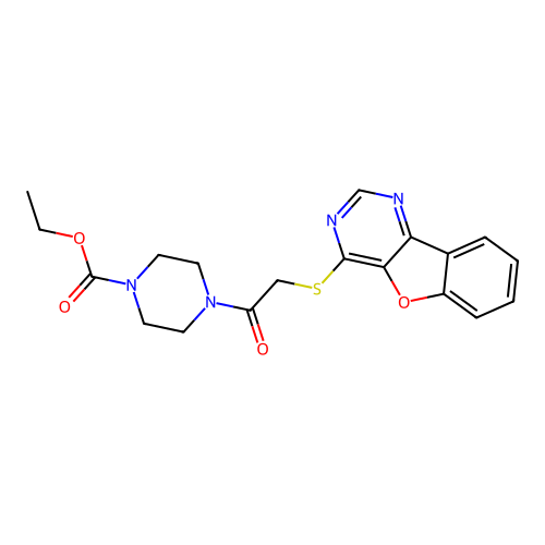 Ethyl 4-(2-(benzofuro[3,2-d]pyrimidin-4-ylthio)acetyl)piperazine-1-carboxylate structure