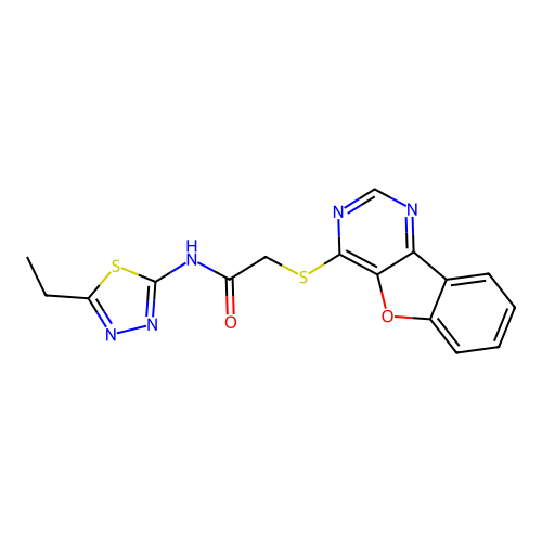 2-([1]benzofuro[3,2-d]pyrimidin-4-ylsulfanyl)-N-(5-ethyl-1,3,4-thiadiazol-2-yl)acetamide structure