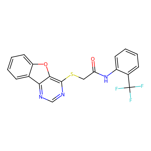 2-([1]benzofuro[3,2-d]pyrimidin-4-ylsulfanyl)-N-[2-(trifluoromethyl)phenyl]acetamide structure