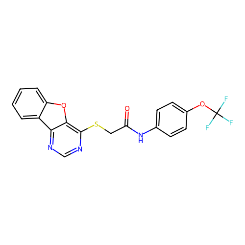 2-(benzofuro[3,2-d]pyrimidin-4-ylthio)-N-(4-(trifluoromethoxy)phenyl)acetamide structure