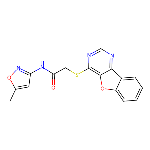 2-(benzofuro[3,2-d]pyrimidin-4-ylthio)-N-(5-methylisoxazol-3-yl)acetamide structure