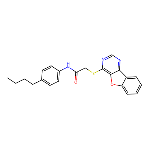 2-(benzofuro[3,2-d]pyrimidin-4-ylthio)-N-(4-butylphenyl)acetamide structure