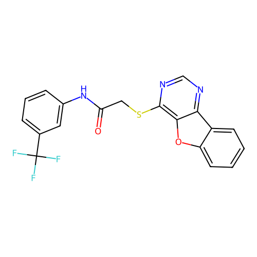 2-(benzofuro[3,2-d]pyrimidin-4-ylthio)-N-(3-(trifluoromethyl)phenyl)acetamide structure