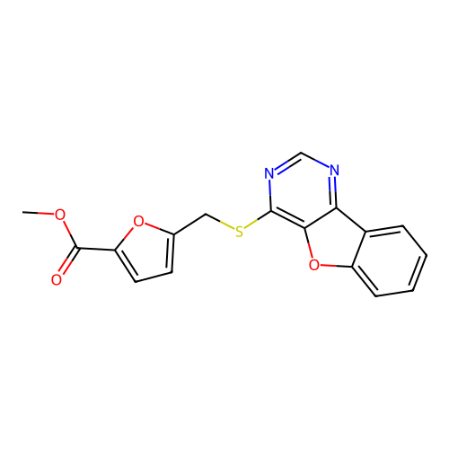 Methyl 5-((benzofuro[3,2-d]pyrimidin-4-ylthio)methyl)furan-2-carboxylate structure