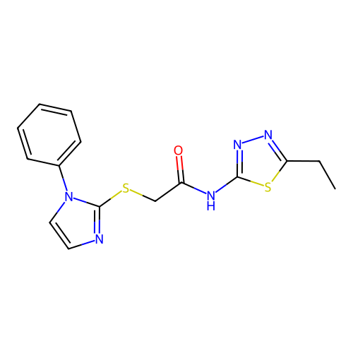 N-(5-ethyl-1,3,4-thiadiazol-2-yl)-2-(1-phenylimidazol-2-yl)sulfanylacetamide structure