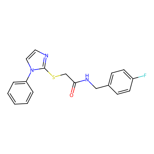 N-[(4-fluorophenyl)methyl]-2-(1-phenylimidazol-2-yl)sulfanylacetamide structure