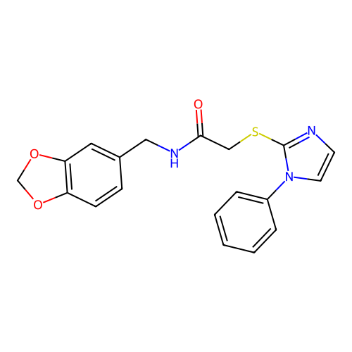 N-(1,3-benzodioxol-5-ylmethyl)-2-(1-phenylimidazol-2-yl)sulfanylacetamide structure