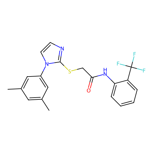 2-{[1-(3,5-dimethylphenyl)-1H-imidazol-2-yl]sulfanyl}-N-[2-(trifluoromethyl)phenyl]acetamide structure