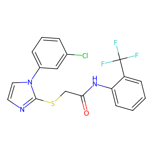 2-{[1-(3-chlorophenyl)-1H-imidazol-2-yl]sulfanyl}-N-[2-(trifluoromethyl)phenyl]acetamide structure