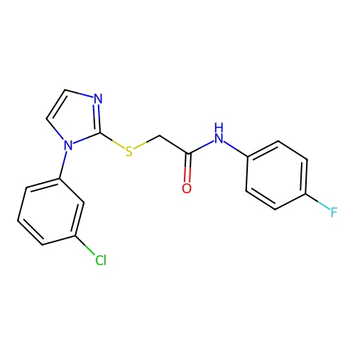 2-[1-(3-chlorophenyl)imidazol-2-yl]sulfanyl-N-(4-fluorophenyl)acetamide structure