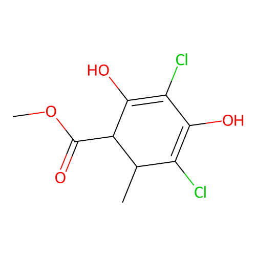 Methyl 3,5-dichloro-2,4-dihydroxy-6-methylcyclohexa-2,4-diene-1-carboxylate structure