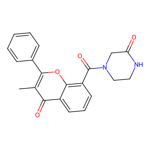 4-(3-methyl-4-oxo-2-phenyl-4H-chromene-8-carbonyl)piperazin-2-one structure