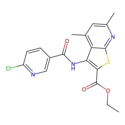 ethyl 3-(6-chloropyridine-3-amido)-4,6-dimethylthieno[2,3-b]pyridine-2-carboxylate structure