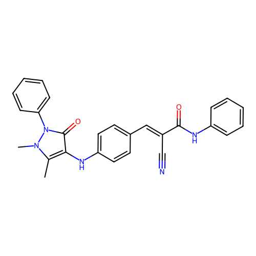 2-cyano-3-{4-[(1,5-dimethyl-3-oxo-2-phenyl-2,3-dihydro-1H-pyrazol-4-yl)amino]phenyl}-N-phenylprop-2-enamide structure