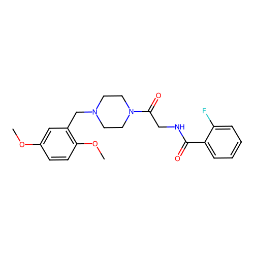 N-[2-[4-[(2,5-dimethoxyphenyl)methyl]piperazin-1-yl]-2-oxoethyl]-2-fluorobenzamide structure