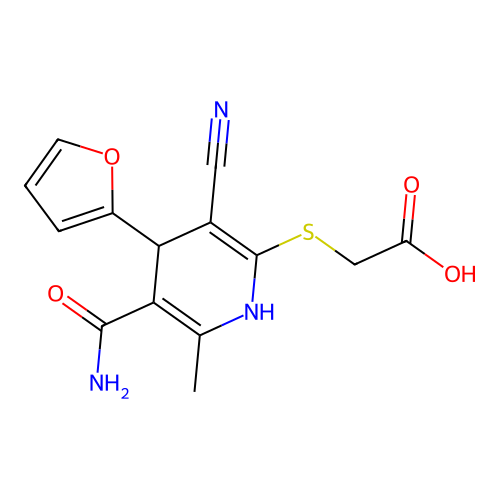 2-{[5-carbamoyl-3-cyano-4-(furan-2-yl)-6-methyl-1,4-dihydropyridin-2-yl]sulfanyl}acetic acid structure
