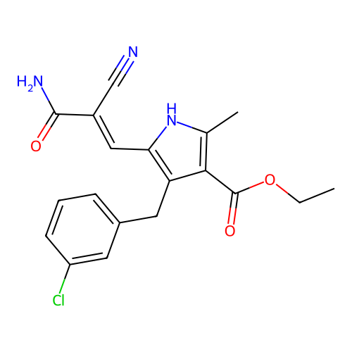 ethyl 5-[(1E)-3-amino-2-cyano-3-oxoprop-1-en-1-yl]-4-(3-chlorobenzyl)-2-methyl-1H-pyrrole-3-carboxylate structure