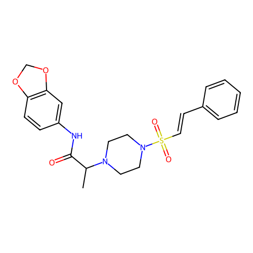 N-(1,3-dioxaindan-5-yl)-2-[4-(2-phenylethenesulfonyl)piperazin-1-yl]propanamide structure