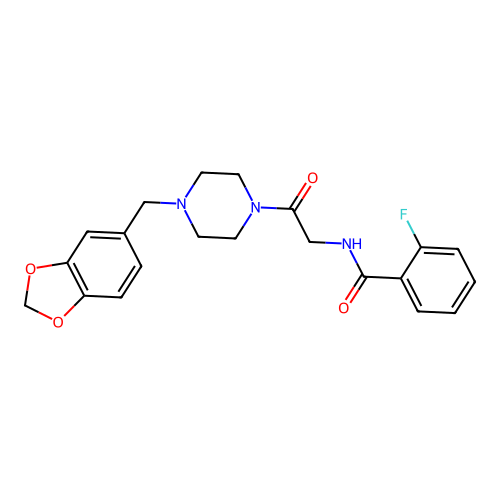 N-[2-[4-(1,3-benzodioxol-5-ylmethyl)piperazin-1-yl]-2-oxoethyl]-2-fluorobenzamide structure