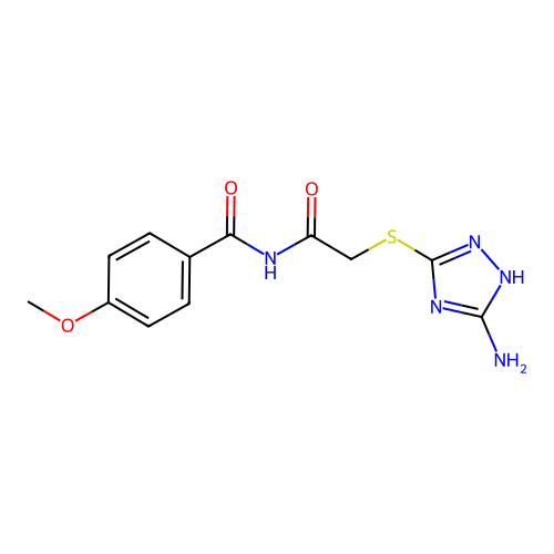 N-[2-[(5-amino-1H-1,2,4-triazol-3-yl)sulfanyl]acetyl]-4-methoxybenzamide structure