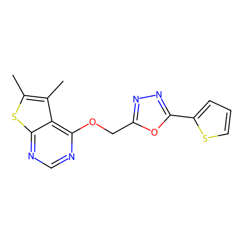 2-[(5,6-dimethylthieno[2,3-d]pyrimidin-4-yl)oxymethyl]-5-thiophen-2-yl-1,3,4-oxadiazole structure