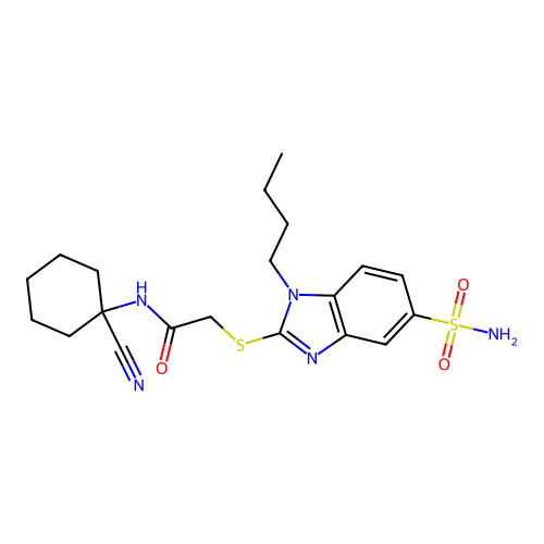 2-(1-butyl-5-sulfamoylbenzimidazol-2-yl)sulfanyl-N-(1-cyanocyclohexyl)acetamide structure