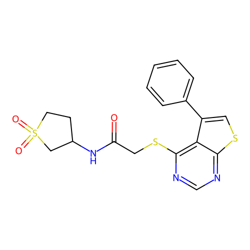 N-(1,1-dioxothiolan-3-yl)-2-(5-phenylthieno[2,3-d]pyrimidin-4-yl)sulfanylacetamide structure