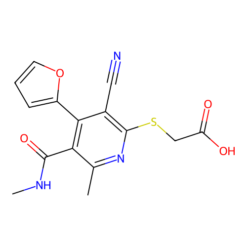 2-{[3-cyano-4-(furan-2-yl)-6-methyl-5-(methylcarbamoyl)pyridin-2-yl]sulfanyl}acetic acid structure