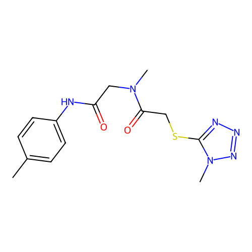 2-[methyl-[2-(1-methyltetrazol-5-yl)sulfanylacetyl]amino]-N-(4-methylphenyl)acetamide structure