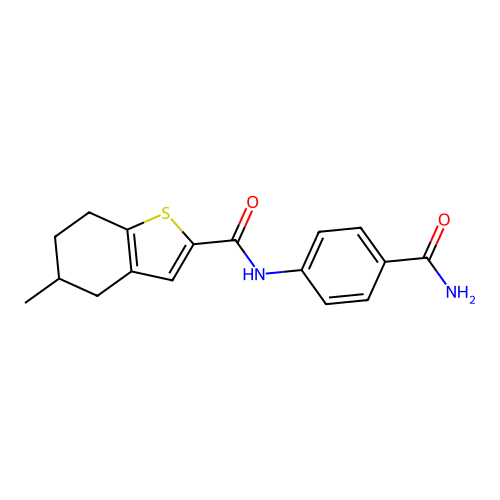 N-(4-carbamoylphenyl)-5-methyl-4,5,6,7-tetrahydro-1-benzothiophene-2-carboxamide structure