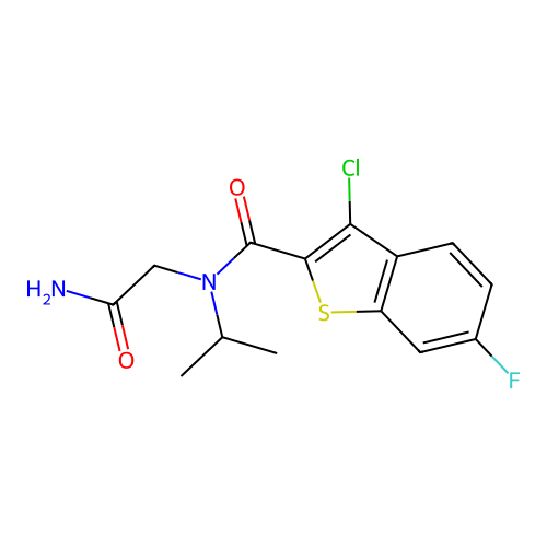 N-(2-amino-2-oxoethyl)-3-chloro-6-fluoro-N-propan-2-yl-1-benzothiophene-2-carboxamide structure