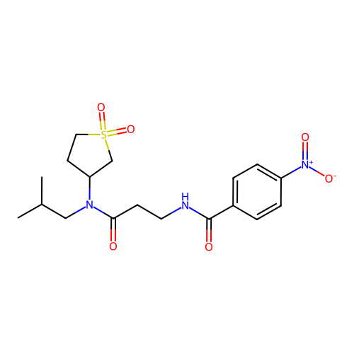 N-[3-[(1,1-dioxothiolan-3-yl)-(2-methylpropyl)amino]-3-oxopropyl]-4-nitrobenzamide structure