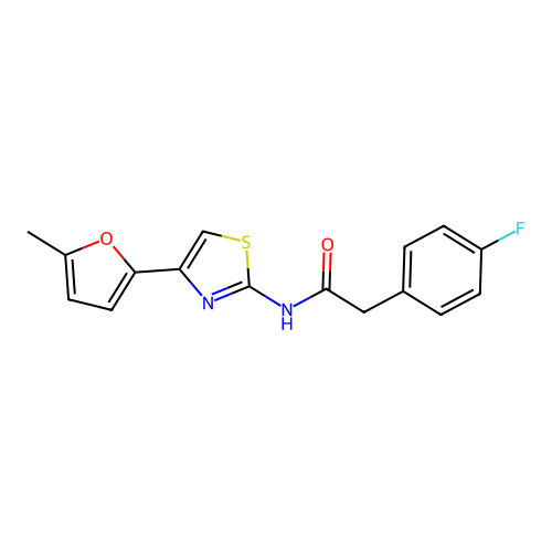 2-(4-fluorophenyl)-N-[4-(5-methylfuran-2-yl)-1,3-thiazol-2-yl]acetamide structure