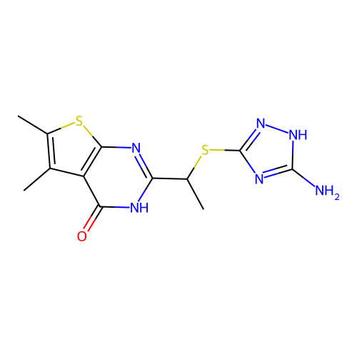 2-[1-[(5-amino-1H-1,2,4-triazol-3-yl)sulfanyl]ethyl]-5,6-dimethyl-3H-thieno[2,3-d]pyrimidin-4-one structure