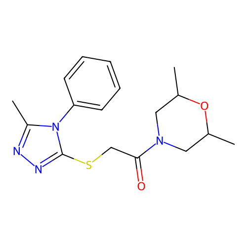1-(2,6-dimethylmorpholin-4-yl)-2-[(5-methyl-4-phenyl-1,2,4-triazol-3-yl)sulfanyl]ethanone structure
