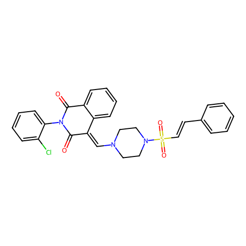 (4E)-2-(2-chlorophenyl)-4-[[4-[(E)-2-phenylethenyl]sulfonylpiperazin-1-yl]methylidene]isoquinoline-1,3-dione structure
