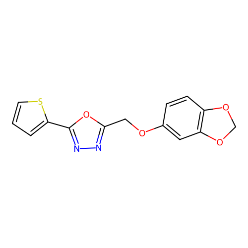 2-((Benzo[d][1,3]dioxol-5-yloxy)methyl)-5-(thiophen-2-yl)-1,3,4-oxadiazole structure