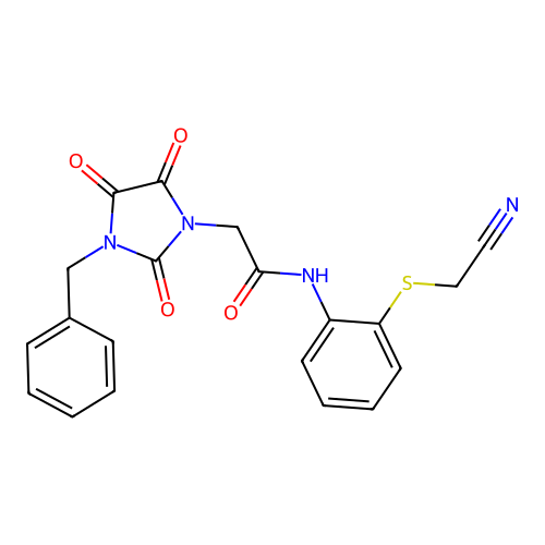 2-(3-benzyl-2,4,5-trioxoimidazolidin-1-yl)-N-[2-(cyanomethylsulfanyl)phenyl]acetamide structure