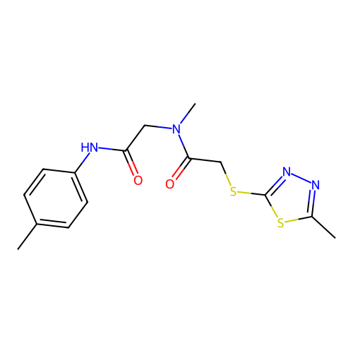 2-[methyl-[2-[(5-methyl-1,3,4-thiadiazol-2-yl)sulfanyl]acetyl]amino]-N-(4-methylphenyl)acetamide structure