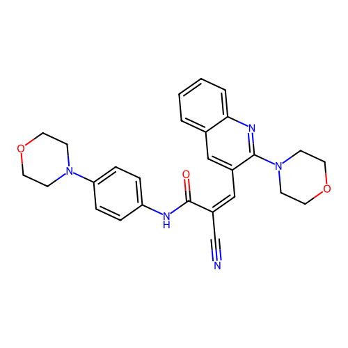 2-cyano-N-(4-morpholin-4-ylphenyl)-3-(2-morpholin-4-ylquinolin-3-yl)prop-2-enamide structure