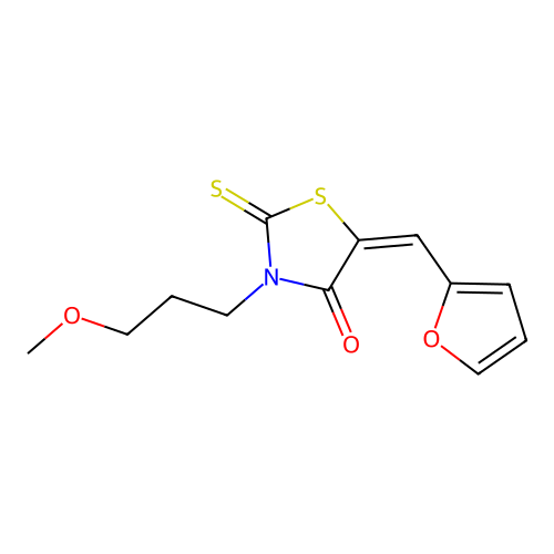 (E)-5-(furan-2-ylmethylene)-3-(3-methoxypropyl)-2-thioxothiazolidin-4-one structure