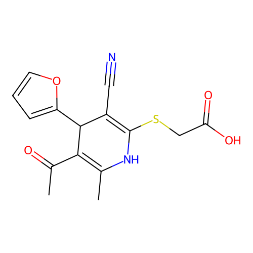 2-{[5-acetyl-3-cyano-4-(furan-2-yl)-6-methyl-1,4-dihydropyridin-2-yl]sulfanyl}acetic acid structure