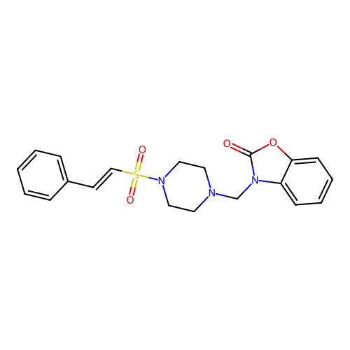 3-[[4-(2-phenylethenylsulfonyl)piperazin-1-yl]methyl]benzooxazol-2-one structure